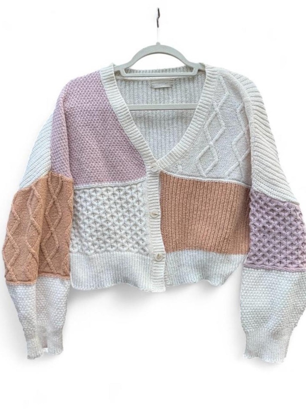 Altar'd State Pastel Patchwork Chunky Knit Cardigan - White, Mauve, Peach